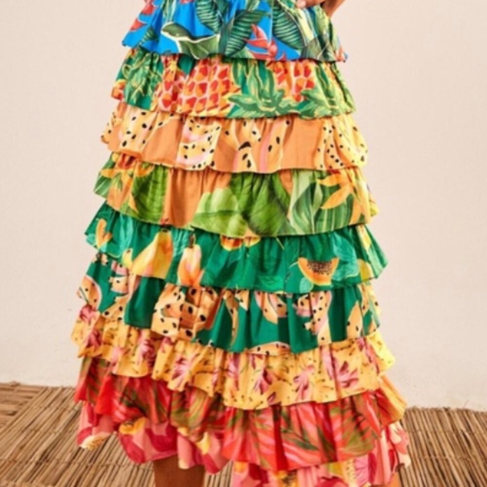 FARM RIO LAYERED FLORAL TIERED MIDI SKIRT